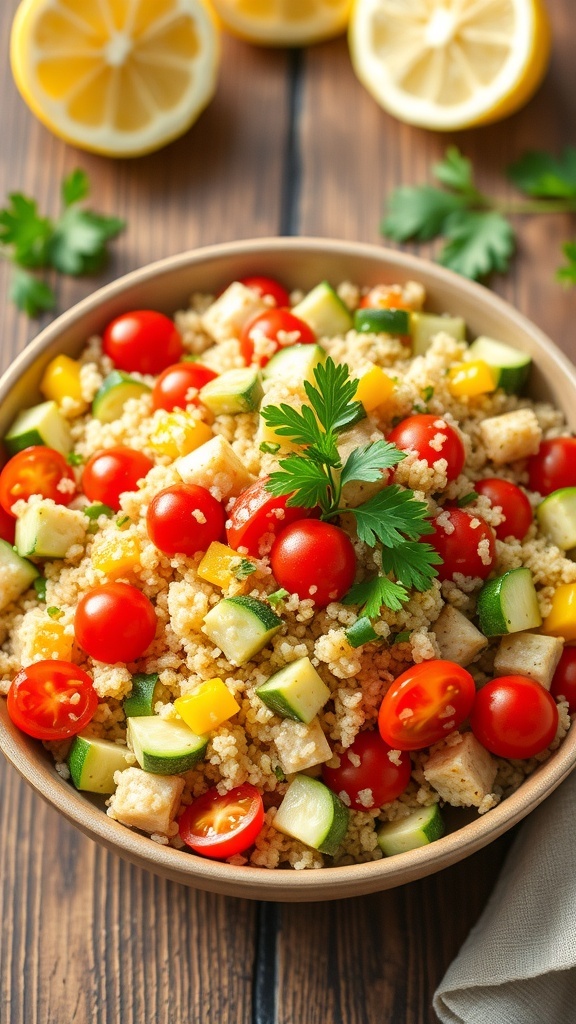 A colorful quinoa salad with zucchini, tomatoes, and bell peppers, garnished with parsley on a rustic table.